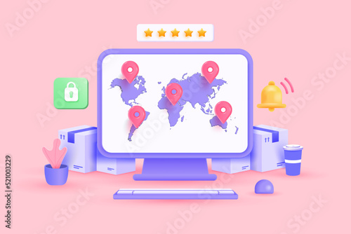 Pc with the world map and location pin on screen. Cardboard box with an app for online shopping and Worldwide delivery tracking. 3D Vector illustration