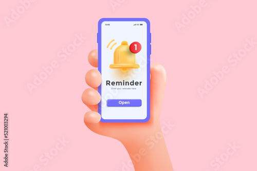 Cartoon hand holding the phone with Notification bell.  Social media chat, message, SMS, subscribe. 3d Vector illustration