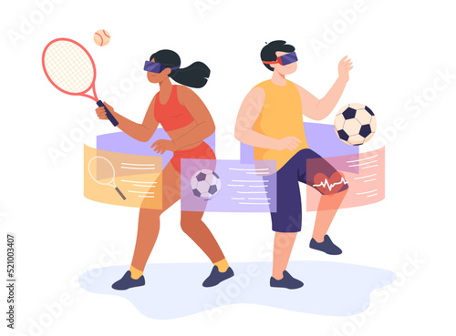Cartoon man and woman playing sports in VR headsets. Male and female characters playing sports simulator flat vector illustration. Virtual reality, sports, technology concept for banner, landing page