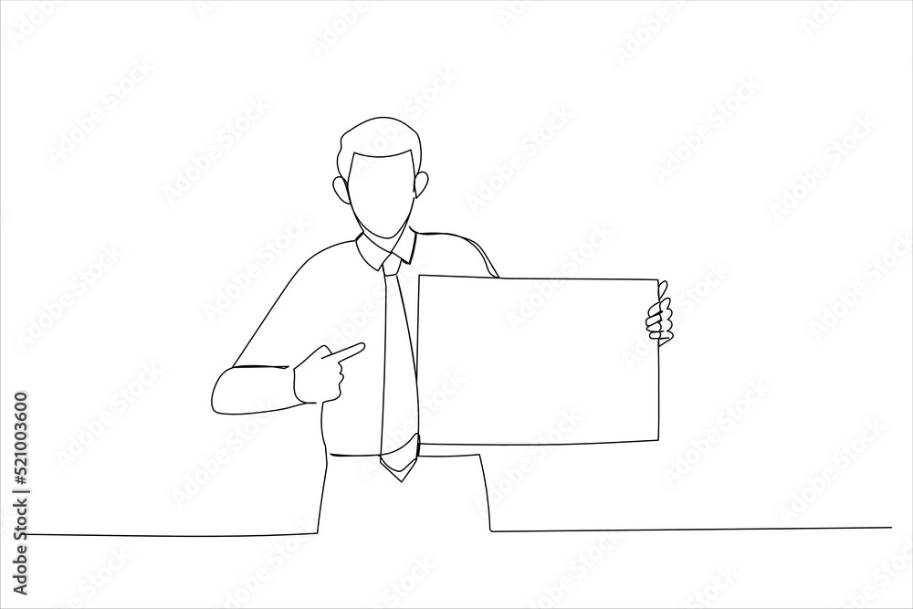 Drawing of handsome young man holding advertising banner pointing with hand and finger. Single line art style Drawing of handsome young man holding advertising banner pointing with hand and finger. Single line art style