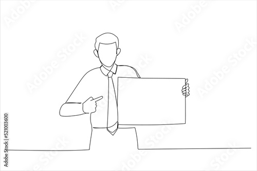 Drawing of handsome young man holding advertising banner pointing with hand and finger. Single line art style