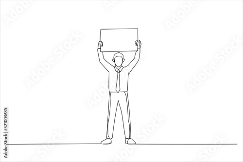 Drawing of happy man holding up a banner ad. Single line art style