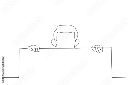 Cartoon of pair of cheerful eyes protrudes behind blank white board. Single continuous line art style