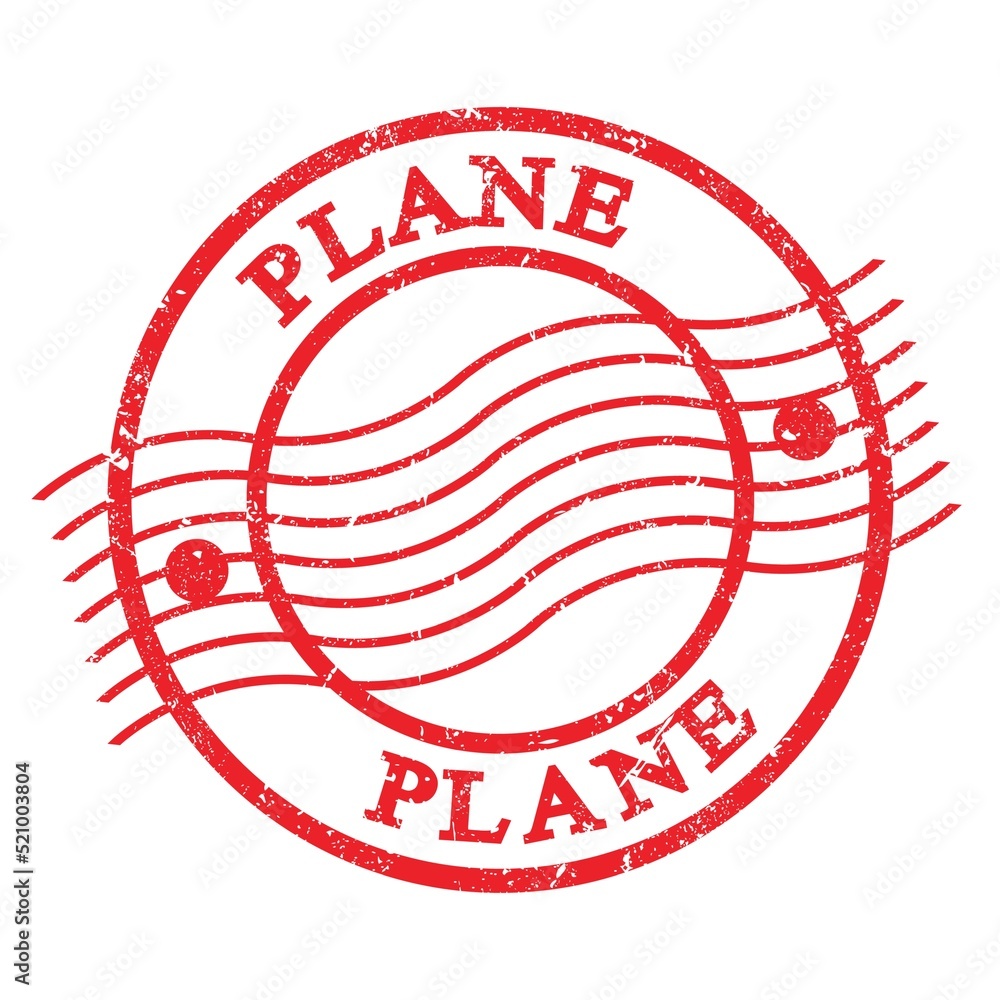 PLANE, text written on red postal stamp. PLANE, text written on red postal stamp.