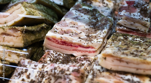 Obraz na plátně salted cooked pork belly on store counter