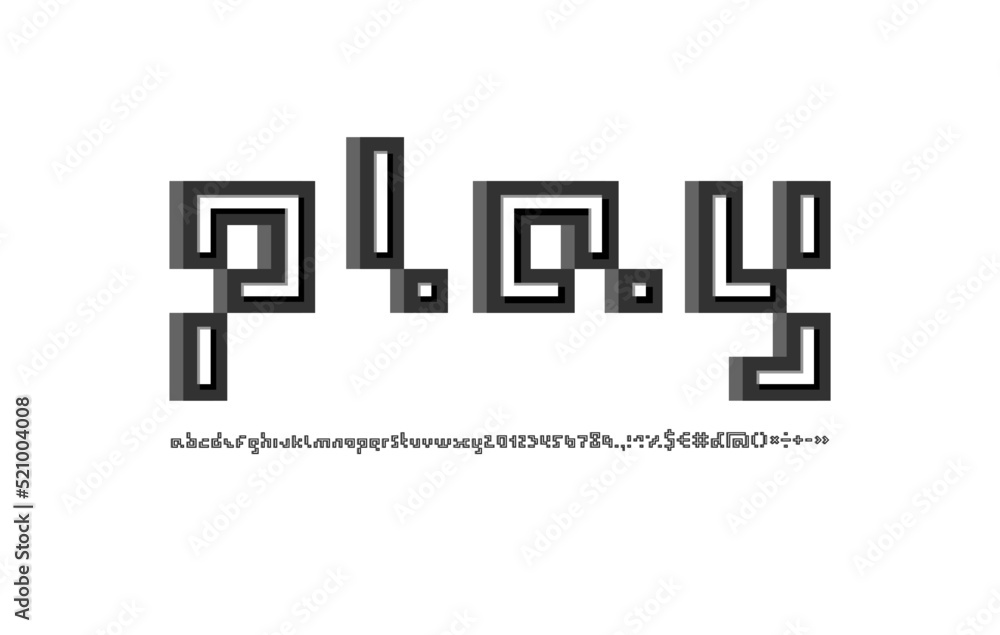 Display digital font, dark pixel geometric alphabet, letters and number, vector illustration 10eps