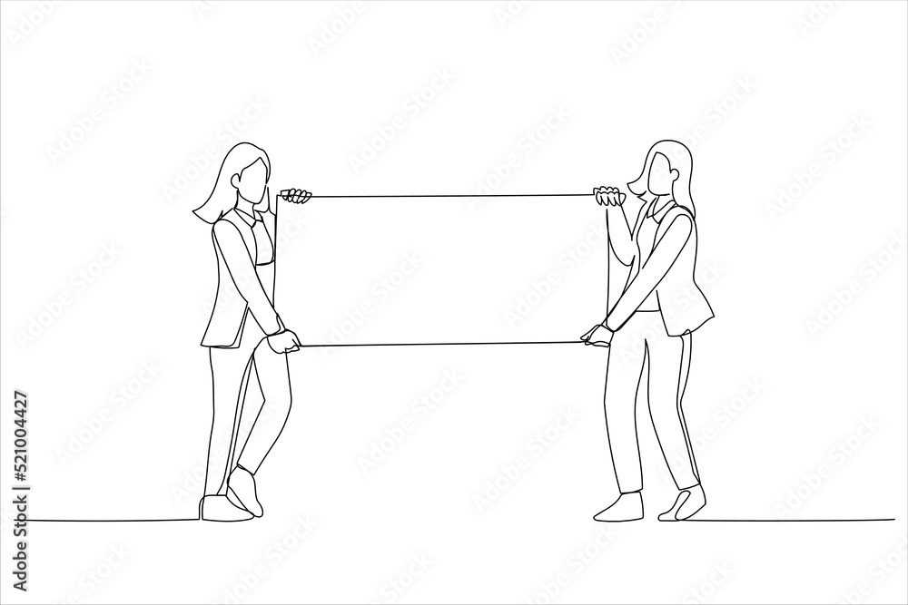 Cartoon of two casual business women carrying a blank panel. Continuous line art style Cartoon of two casual business women carrying a blank panel. Continuous line art style