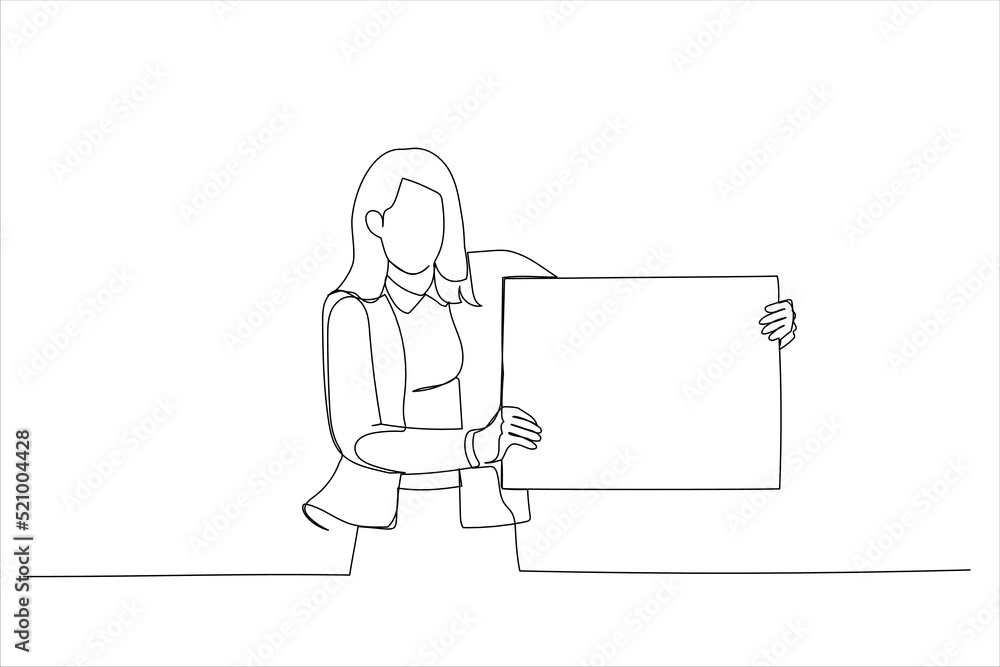 Illustration of happy woman displaying white blank placard, mockup for logo or design. One continuous line art style Illustration of happy woman displaying white blank placard, mockup for logo or design. One continuous line art style