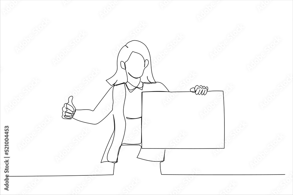 Drawing of woman holding white blank board and showing thumb up, copy space. Single line art style Drawing of woman holding white blank board and showing thumb up, copy space. Single line art style