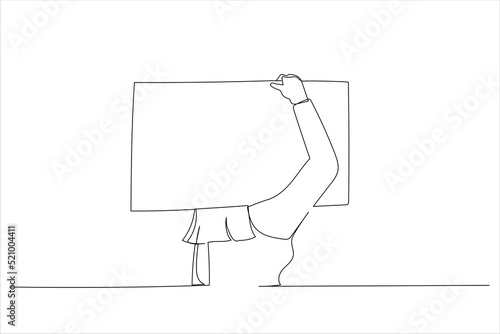 Drawing of woman carry blank board. Single continuous line art