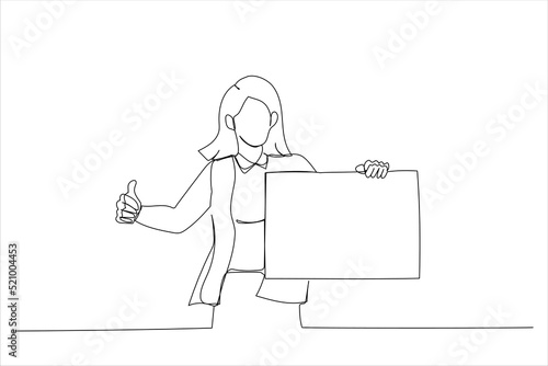 Drawing of woman holding white blank board and showing thumb up, copy space. Single line art style