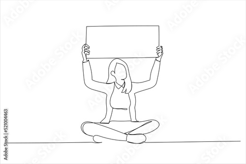 Cartoon of young woman holding sign above his head. Single continuous line art style