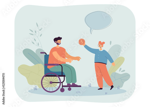 Little girl giving gold coin to man in wheelchair. Kid helping male character with physical disability flat vector illustration. Disability, charity, assistance concept for banner or landing web page