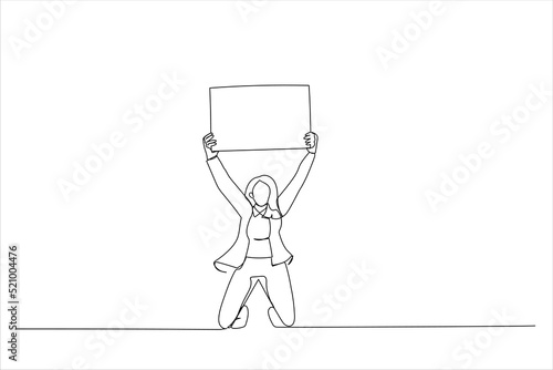 Cartoon of excited woman holding up white blank panel with space for text. Continuous line art