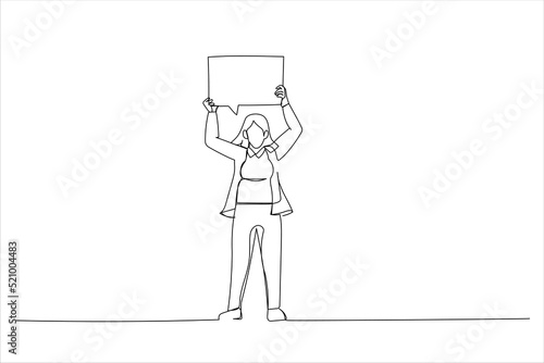 Illustration of woman holding sign speech bubble screaming excited. Young casual caucasian man in his twenties. Isolated on white background. One line style art