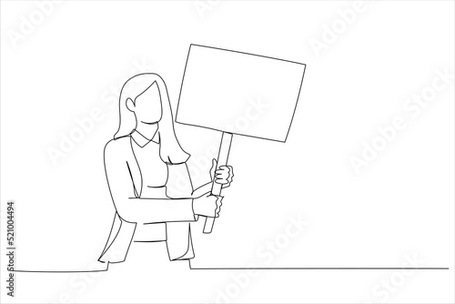 Cartoon of casual business woman holding a placard, looking up. Continuous line art style