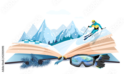 Open book, winter nature inside. Imagination, fantasy, magic in literature concept. Season fairy tale, storybook, textbook. Skier, mountain landscape picture, face protective mask. Vector illustration