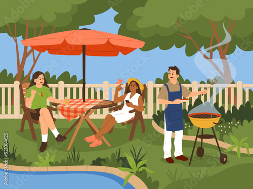Backyard summer relax people. Barbecue party, beautiful garden, guy cooks bbq, girls sit at table outdoor, happy characters, family picnic, or party, tidy vector cartoon flat concept