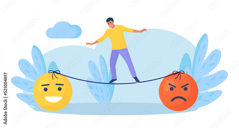 Emotional intelligence, balance emotion. Man walk thin rope with bad and good emotions. Unstable mental state and tight emotion control. Psychological and mental stability. Mindful calm, harmony - obrazy, fototapety, plakaty 