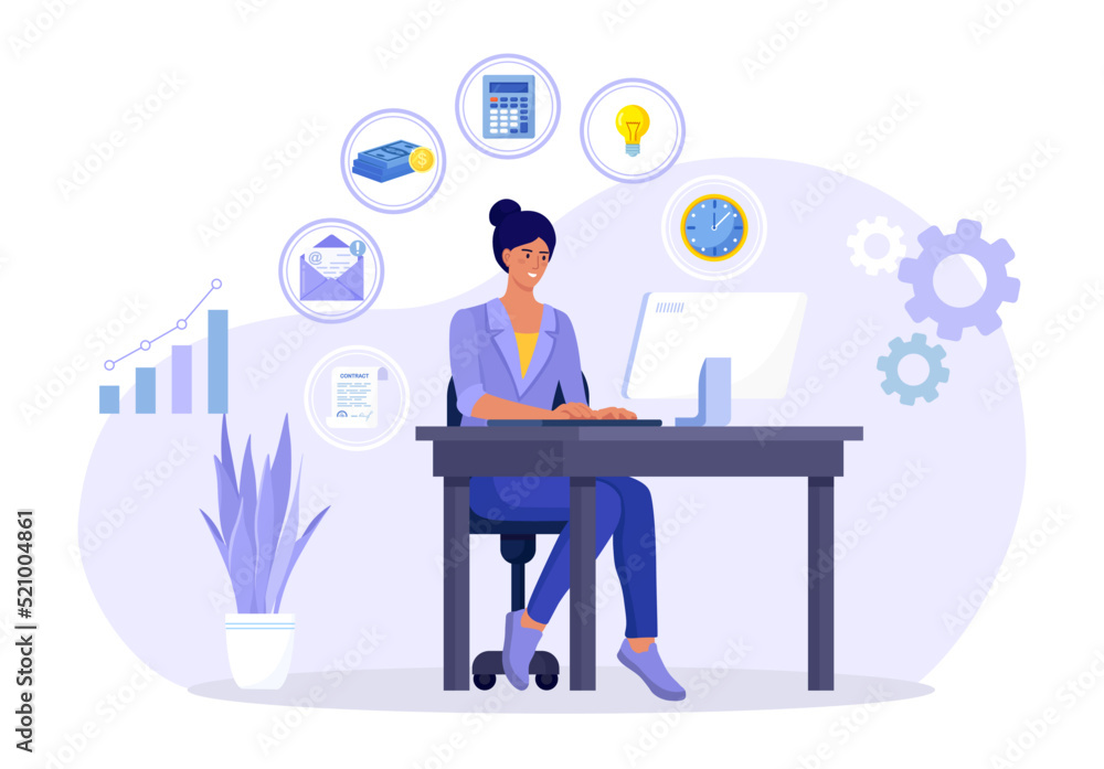 Business woman sitting at her computer in office and doing many tasks at the same time. Freelance worker. Multitasking skills, effective time management and productivity concept Business woman sitting at her computer in office and doing many tasks at the same time. Freelance worker. Multitasking skills, effective time management and productivity concept