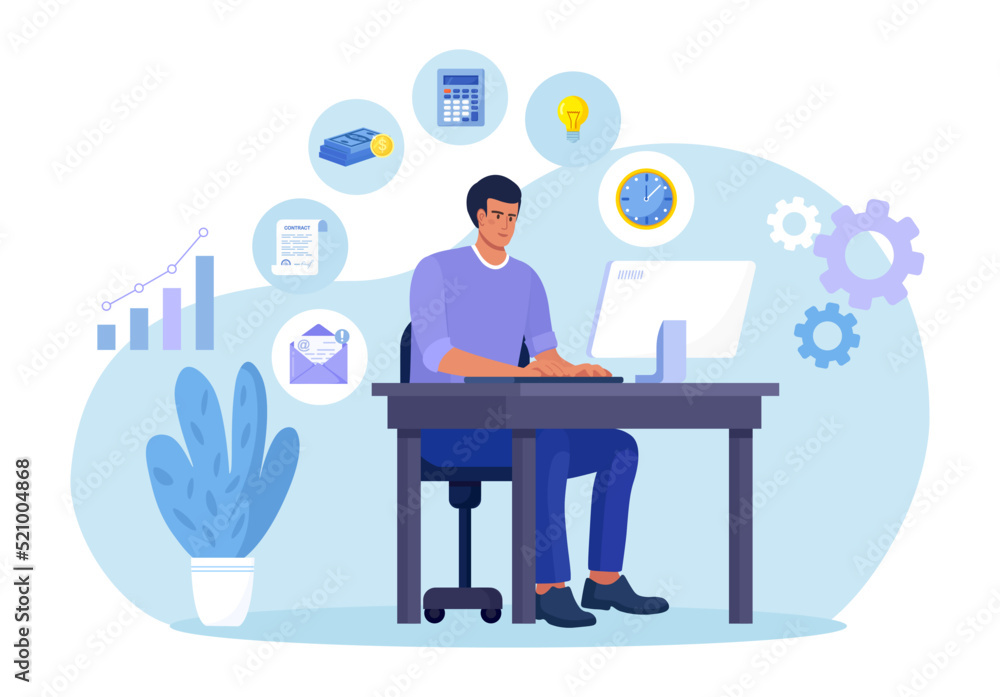 Businessman sitting at computer in office and doing many tasks at the same time. Freelance worker. Multitasking skills, effective time management and productivity concept