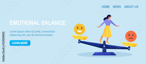 Emotional intelligence, balance emotion. Woman balanced on scales with bad and good emotions. Unstable mental state and tight emotion control. Psychological and mental stability. Mindful calm, harmony