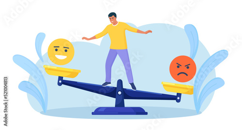 Emotional intelligence, balance emotion. Man balanced on scales with bad and good emotions. Unstable mental state and tight emotion control. Psychological and mental stability. Mindful calm, harmony