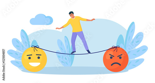 Emotional intelligence, balance emotion. Man walk thin rope with bad and good emotions. Unstable mental state and tight emotion control. Psychological and mental stability. Mindful calm, harmony