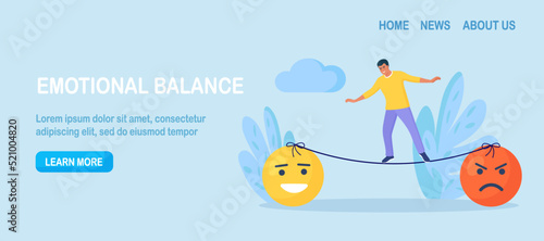 Emotional intelligence, balance emotion. Man walk thin rope with bad and good emotions. Unstable mental state and tight emotion control. Psychological and mental stability. Mindful calm, harmony
