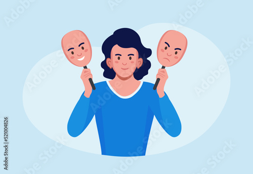 Woman shows two face mask with happy and unhappy mood. Person hiding true emotions, psychological problems. Fake feelings, mental disorder changing personality. Manic depression, bipolar illness