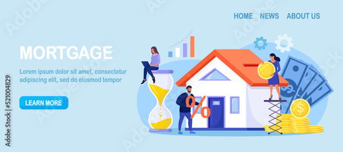 Tiny people buying house in debt. People investing money in property. Mortgage loan, ownership and savings. Home is like a piggy bank. Real estate investment, house purchase