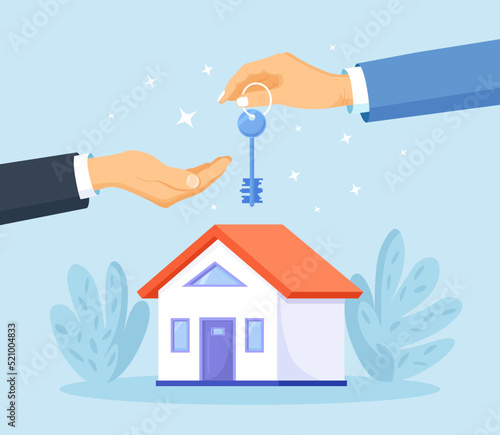 Buying a New House. Real Estate Agent Giving a Home Keychain to Buyer. People Invest Money in Real Estate Property. House Loan, Rent, Mortgage, Deal sale. Seller Gives Home Key to a Customer