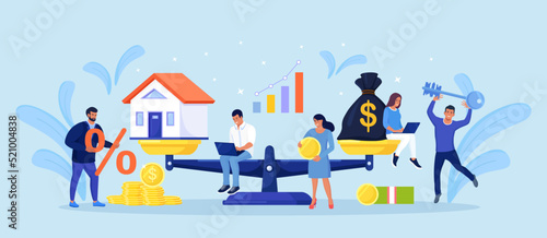 Money bag with dollar sign and house on scales. Real estate, rental expense, liabilities concept. Buying home. Mortgage loan, real estate investment. Sale or rent apartment