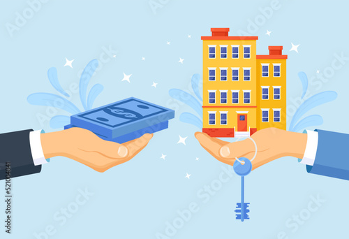 Human hands holds house and money banknotes. Seller gives house to customer. Buyer brings money for home purchase dealing. Rent apartment, Buying a property. Mortgage loan, real estate investment