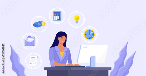 Business woman sitting at her computer in office and doing many tasks at the same time. Freelance worker. Multitasking skills, effective time management and productivity concept