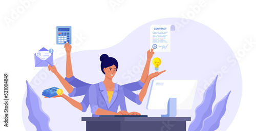 Business woman with many arms sitting at her laptop in office and doing many tasks at the same time. Freelance worker. Multitasking skills, effective time management and productivity concept