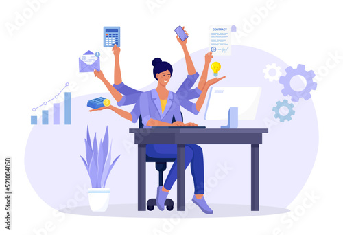 Business woman with many arms sitting at her laptop in office and doing many tasks at the same time. Freelance worker. Multitasking skills, effective time management and productivity concept