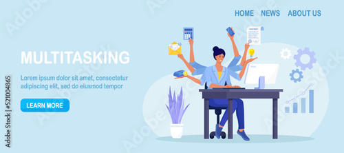 Business woman with many arms sitting at her laptop in office and doing many tasks at the same time. Freelance worker. Multitasking skills, effective time management and productivity concept