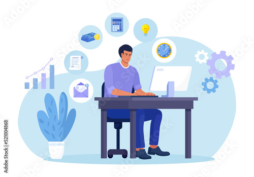 Businessman sitting at computer in office and doing many tasks at the same time. Freelance worker. Multitasking skills, effective time management and productivity concept