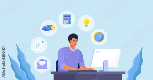 Businessman sitting at computer in office and doing many tasks at the same time. Freelance worker. Multitasking skills, effective time management and productivity concept