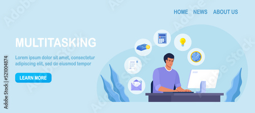 Businessman sitting at computer in office and doing many tasks at the same time. Freelance worker. Multitasking skills, effective time management and productivity concept