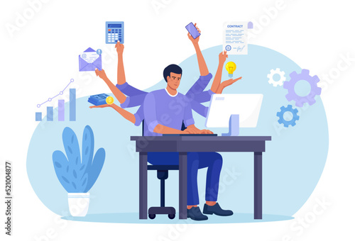 Businessman with many arms sitting at computer in office and doing many tasks at the same time. Freelance worker. Multitasking skills, effective time management and productivity concept photo