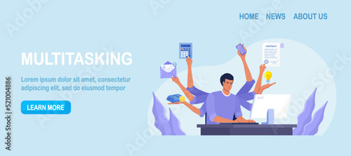 Businessman with many arms sitting at computer in office and doing many tasks at the same time. Freelance worker. Multitasking skills, effective time management and productivity concept