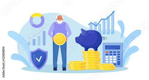 Elderly man standing near stack of money, piggy bank holding gold coin. Pensioner keeping cash in bank deposit account. Pension savings investment in retirement mutual fund. Financial saving insurance