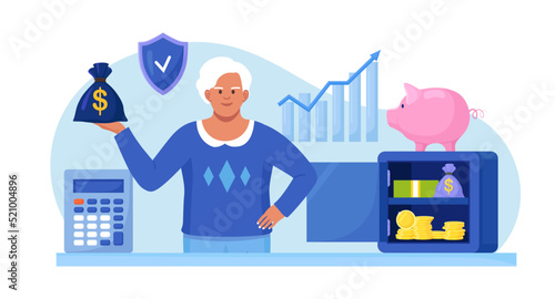 Elderly woman standing near safe, piggy bank, holding money bag. Pensioner keeping cash in bank deposit account. Pension savings investment in retirement mutual fund