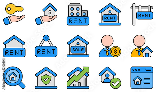 Set of Vector Icons Related to Rental Property. Contains such Icons as Owner, Real Estate, Rent, Sale, Sales Agent, Search and more.