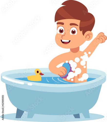Boy taking bath in bathtub with rubber duck. Kid hygiene