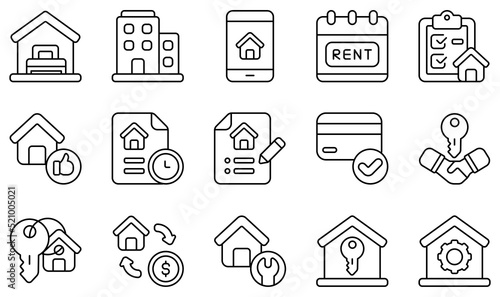 Set of Vector Icons Related to Rental Property. Contains such Icons as Accommodation, Apartment, App, Checklist, Contacts, Deal and more.