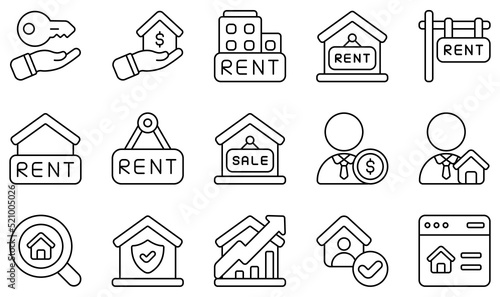 Set of Vector Icons Related to Rental Property. Contains such Icons as Owner, Real Estate, Rent, Sale, Sales Agent, Search and more.