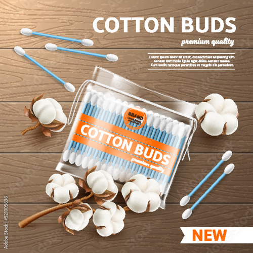 Cosmetic cotton buds poster. Realistic ear swabs pack, cotton inflorescences, cosmetic product, hygiene and skin care, transparent packaging, advertising banner utter vector concept